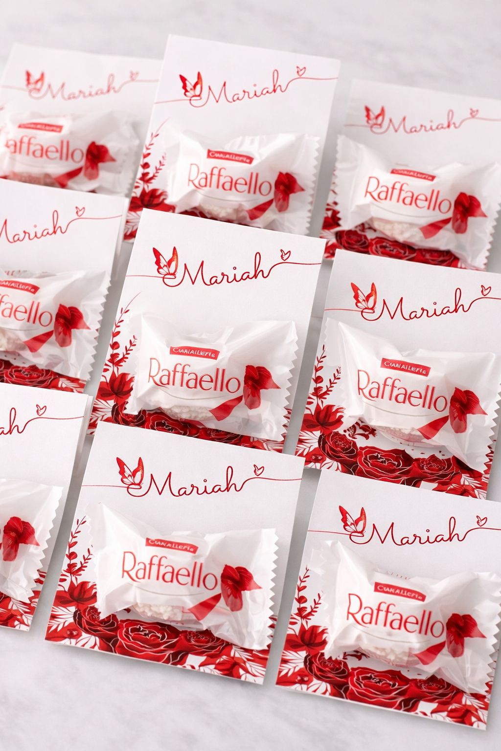 10 Personalised Raffaello Chocolate Favours – Red Floral Design