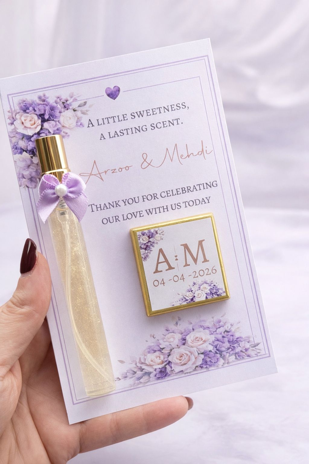 10 Personalised Perfume & Chocolate Favours - Purple Set