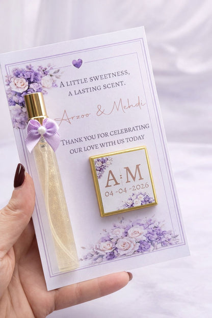 10 Personalised Perfume & Chocolate Favours - Purple Set