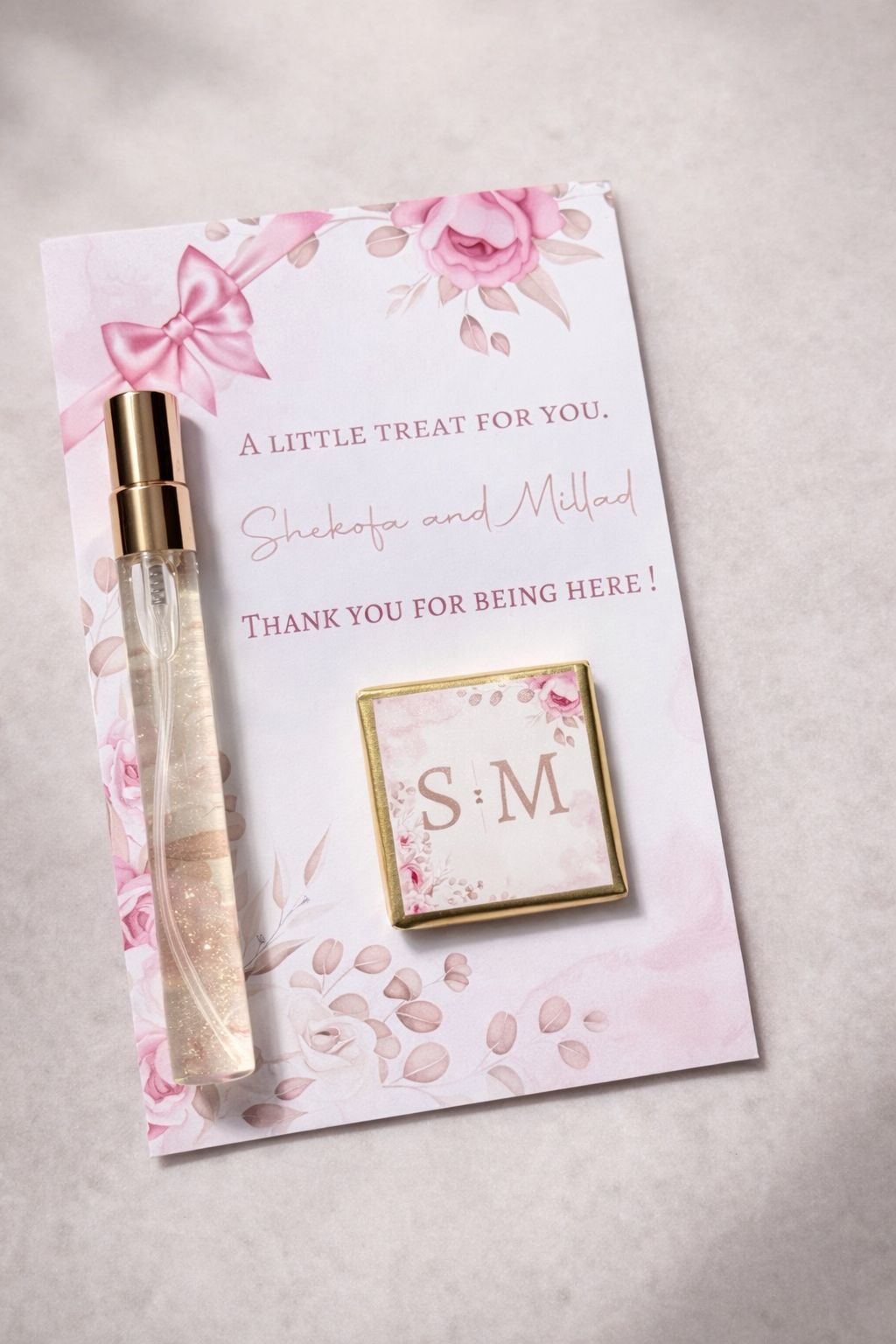 10 Personalised Perfume & Chocolate Favours - Pink Set