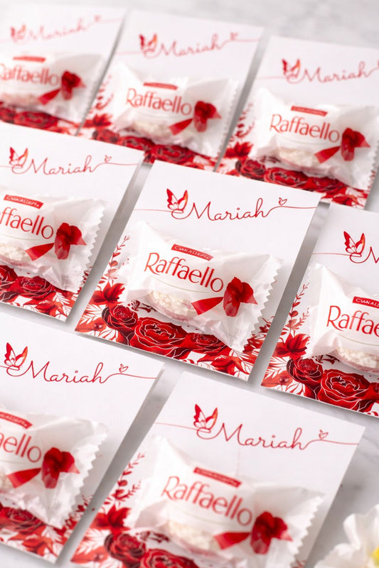 10 Personalised Raffaello Chocolate Favours – Red Floral Design