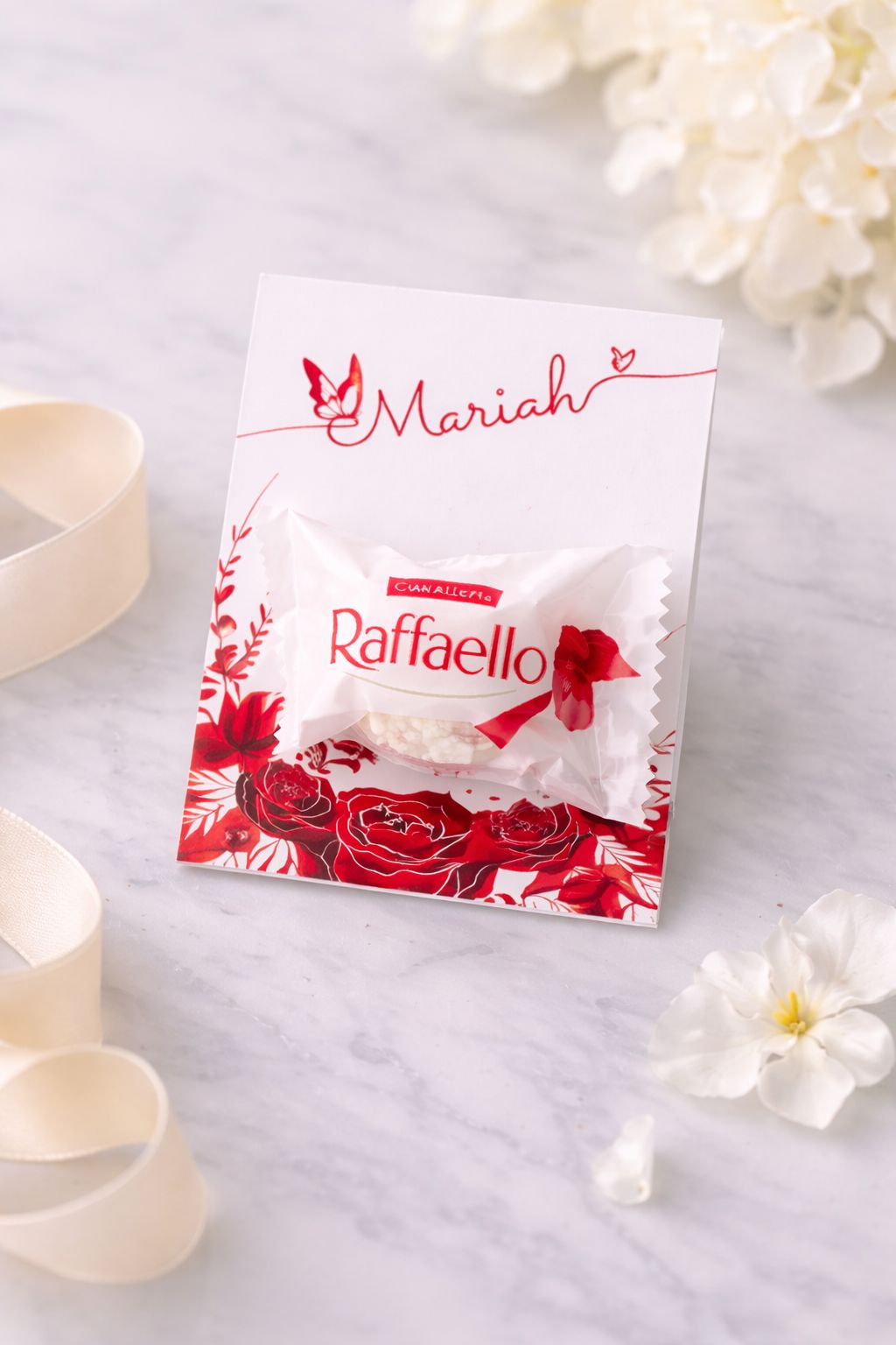 10 Personalised Raffaello Chocolate Favours – Red Floral Design